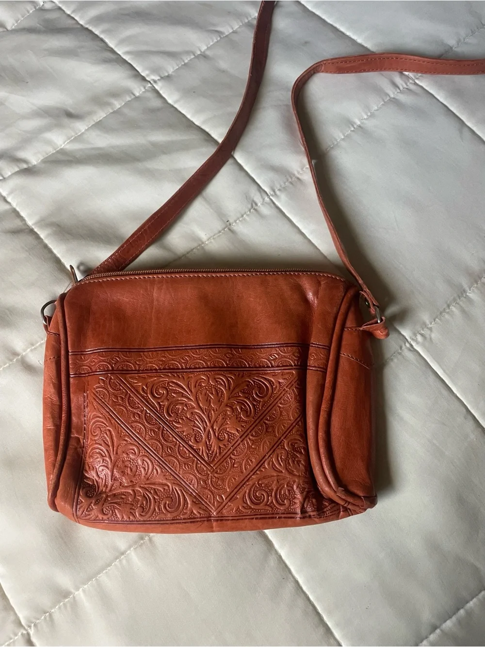 Genuine Leather|| Made in Morrocco|| Embossed Leather Crossbody Bag in Rust